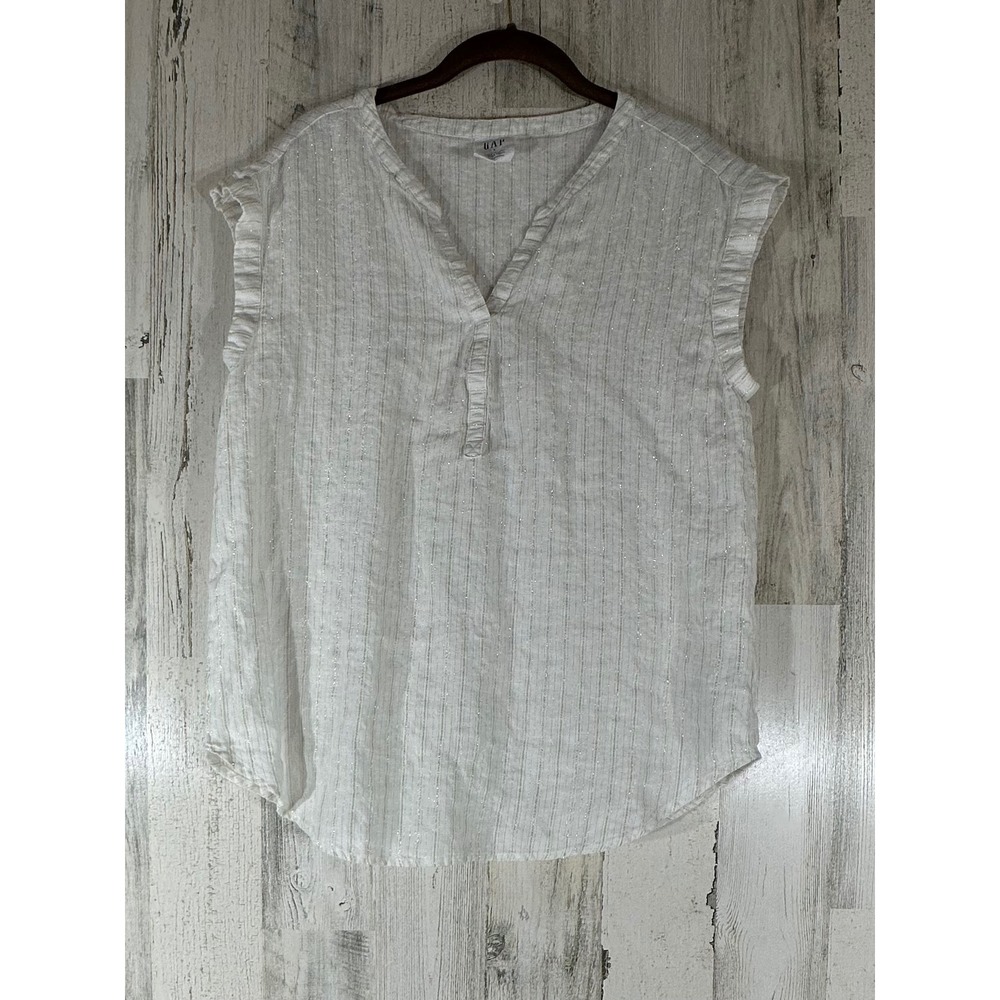 Gap Popover Top Size Small White Linen Blend Gold Metallic Stripe‎ Sleeveless